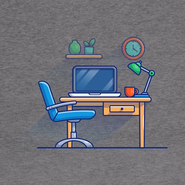 Work Bench, Desk, Laptop, Lamp, Plant, Cup, Clock And Floating Shelves Cartoon by Catalyst Labs